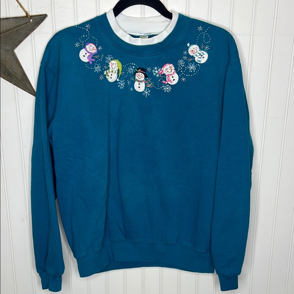 Vintage 90’s Grandmacore Teal Snowman Embroidered Sweatshirt Size Medium